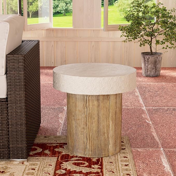 COSIEST Outdoor Medium Side Table, Patio Coffee Table, 19.7 inches Round MgO End Patio Stool with Faux Wooden Pedestal Base, Garden, Backyard, Antique Beige