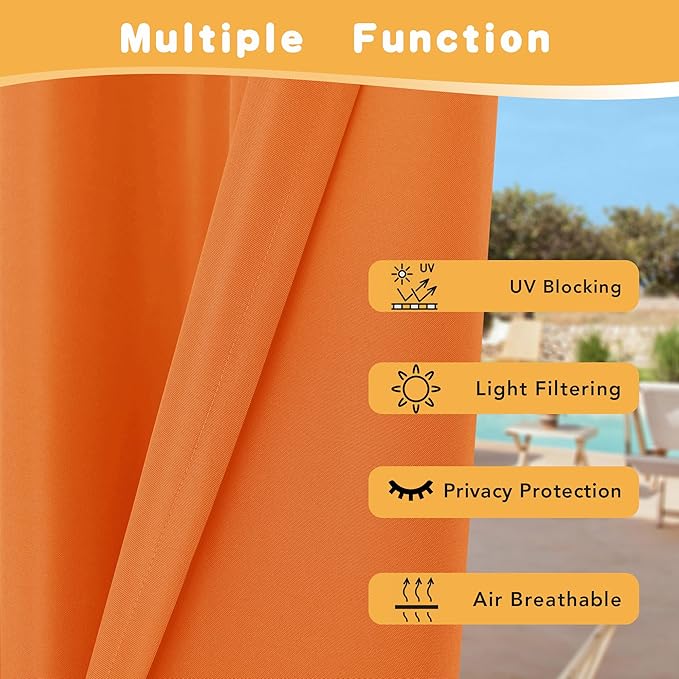 HolidayIdeas Extra Wide Outdoor Curtains for Patio Waterproof, 2 Panels - 110 x 84 Inch - Privacy & Light Filtering Curtains Grommet Outside Curtains for Porch, Gazebo, Backyard (Mecca Orange)