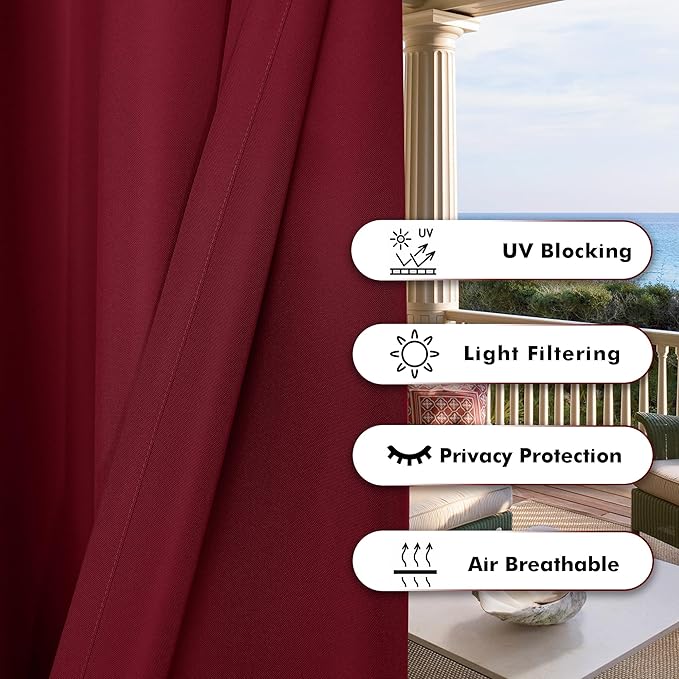 BONZER Outdoor Curtains for Patio Waterproof Thick Privacy Wide Grommet Light Filtering Outside Curtains for Porch Pergola Gazebo Deck, 1 Panel, 110W x 120L inch, Red