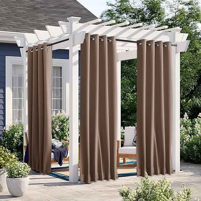NICETOWN 2 Panels Blackout Patio Waterproof Outdoor Curtains, Insulated Top & Bottom Grommet & Back Tab Windproof Room Darkening Drapes Privacy for Pergola with Fixed Ropes, W46 x L72, Tan-Khaki