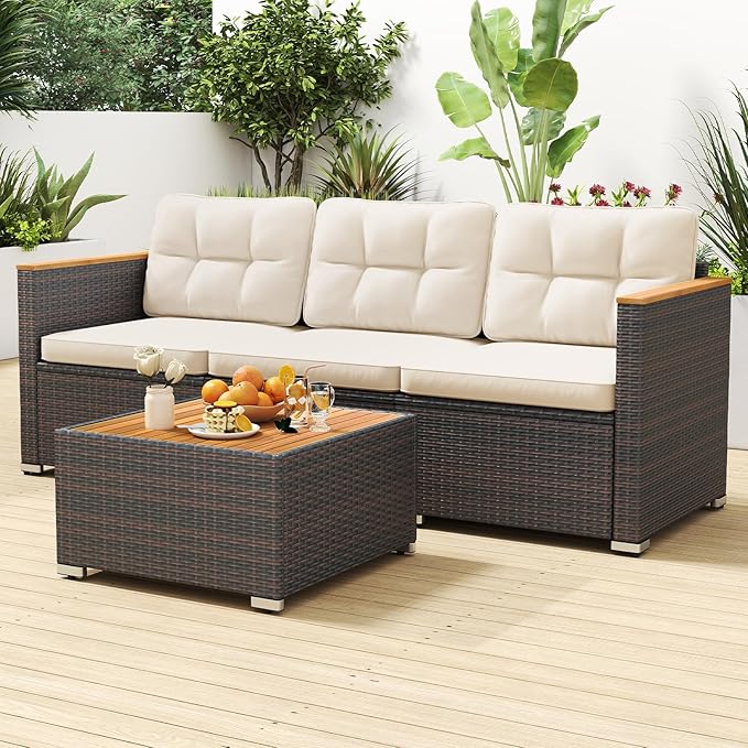 Tangkula 3-Seat Patio Wicker Couch Sofa, Outdoor 3 Seater Rattan Furniture Set with Acacia Wood Armrests & Thick Cushion, Outside Sectional Sofa Couch for Porch, Deck, Garden and Backyard, Off White
