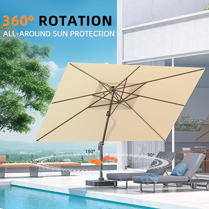 9' X 12' Cantilever Outdoor Patio Umbrellas Double Top Large Rectangle Umbrella Heavy Duty 360°Rotation Offset Umbrella for Garden Deck Pool Patio,Beige