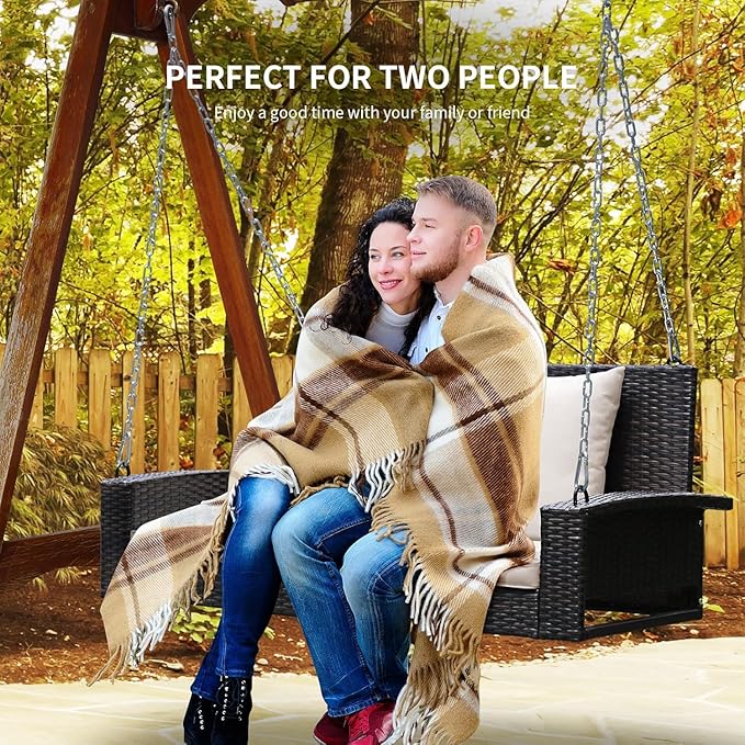 RELAX4LIFE 2-Seat Rattan Porch Swing, Wicker Outdoor Swings w/7.9 Ft Solid Metal Chain, Back & Seat Cushions for Garden Backyard, 800LBS Max Load, 2-Person Patio Swing, Beige & Black Cushion Covers