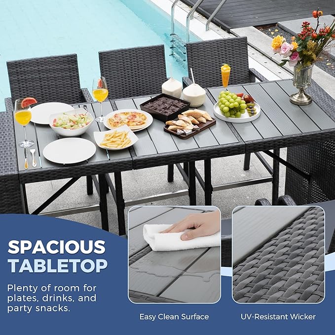 NICESOUL 7-Piece Outdoor Patio Bar Set, Wicker High Top Table with 6 Cushioned Chairs and Hidden Double Storage Shelves, Rattan Counter Bar Height Dining Set for Backyard, Garden, Poolside, Gray