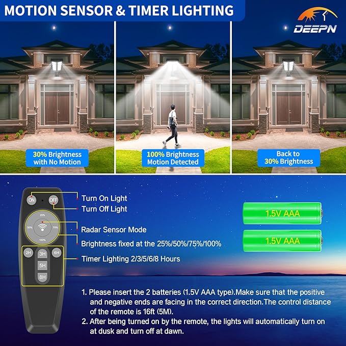 Deepn Solar Lights Outdoor, IP66 Waterproof Street Lights Outdoor, 6500K Dusk to Dawn Solar Security Flood Lights Motion Sensor with Remote Control for Yard, Entryway Garage, Porch 1 Pack