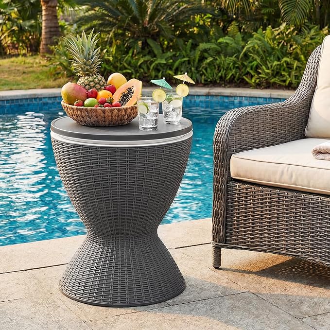 Tangkula Outdoor Cool Bar Table, Rattan Patio 8 Gallon Beer & Wine Cooler, All-Weather Ice Bucket w/Height Adjustable Top, Drainage Plug, 3-in-1 Cocktail Bar Table for Party, Barbecue, Picnic (Grey)
