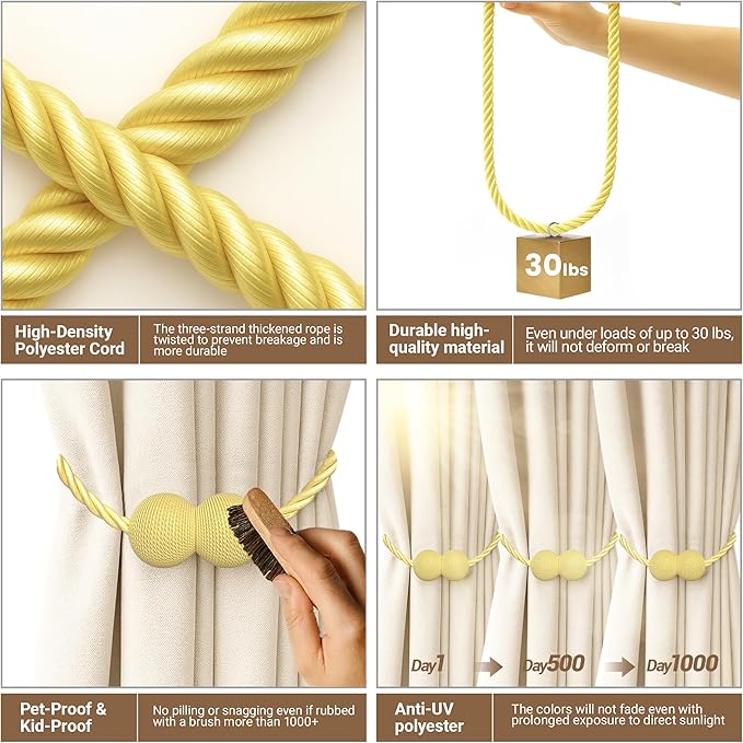 Hion Magnetic Curtain Tiebacks Golden 2pcs, Curtain Tiebacks Buckles Holdbacks Holders Hooks Clip for Home Bedroom Office Decorative Curtain