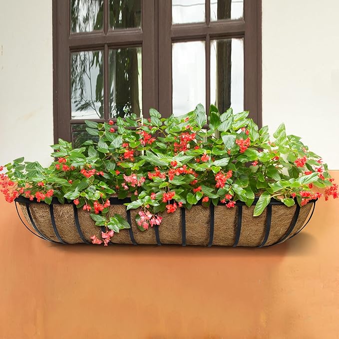 4 Pack 36 Inch Window Deck Railing Planter Boxes with Coconut Liner, Large Hanging Window Flower Boxes Metal Railing Planter for Balcony Fence Porch (4, 36 Inch)