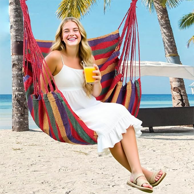 Goutime Hammock Chair, Boho Hanging Rope Ceiling Swing, Macrame Hanging Swinging Chair for Indoor,Outdoor,Bedroom,Outside,Garden,Balcony,Yard,Deck,Max 330 Lbs,Red