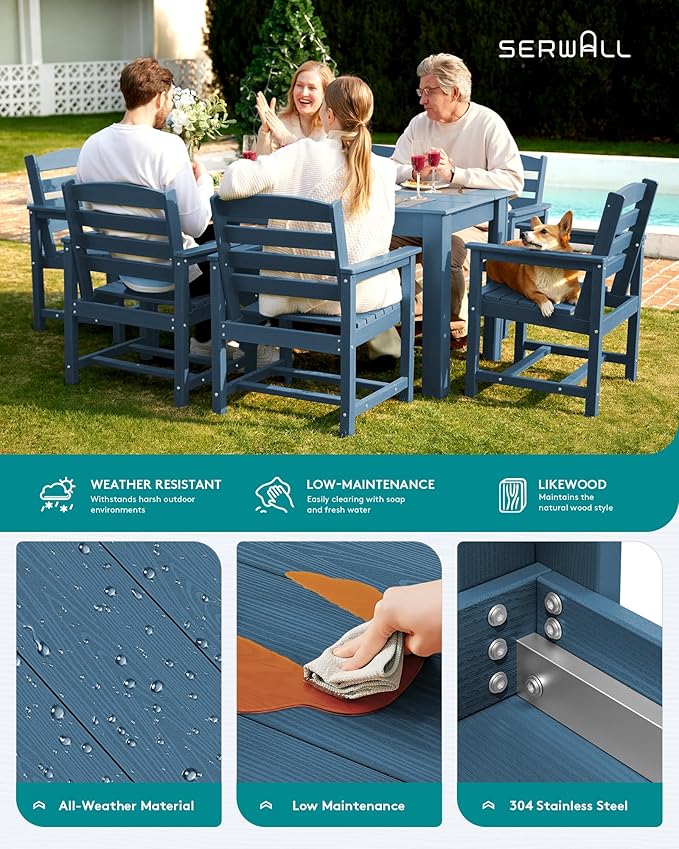 SERWALL HDPE Dining Set for 4, Outdoor Dining Sets for 4 Person with 1 Umbrella Hole Cut-Out Rectangular Table and 4 Chairs, Patio Dining Sets Blue