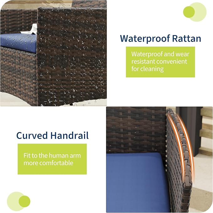 GAOMON 3-Piece Patio Furniture Set, Modern PE Rattan Conversation Set with 2 Chairs & Tempered Glass Coffee Table, All-Weather Outdoor Seating for Garden, Porch, Balcony, Poolside, Brown/Navy Blue