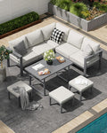 AECOJOY Aluminum Patio Furniture Set, 8 Seats Modern Outdoor Furniture with Adjustable Table, 7 Pieces Metal Conversation Sectional Sofa, Light Gray