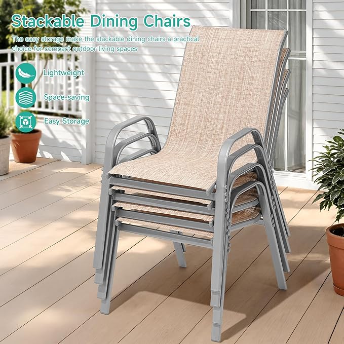 Patio Chairs Set of 2, Easily Set Up Stackable Outdoor Dining Chairs with High Back and Wide Seat, All Weather Breathable Outdoor Chairs Set of 2 with Metal Frame for Backyard Deck Pool, Beige