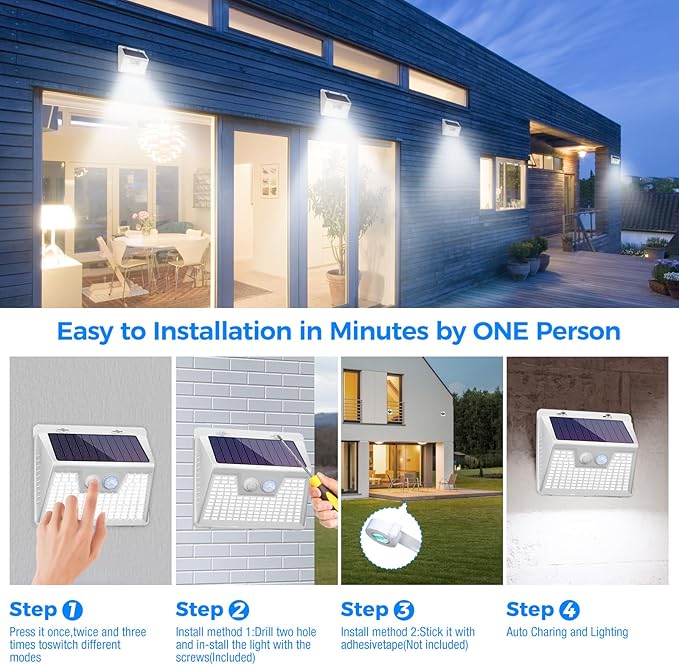 Peasur 16Pack Solar Motion Sensor Lights Outdoor Waterproof, 140LED 3 Modes Ultra-Bright Solar Powered Fence Lights, Security Wall Light for Outside Garden Yard Deck Stair Step