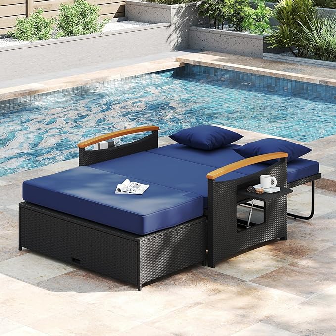 Moccha Outdoor Wicker Daybed, Patio Rattan Loveseat Sofa w/ 4-Level Adjustable Backrest, Folding Panels, Storage Ottoman & Cushions, Lounge Furniture Set for Poolside Backyard Porch (Navy & Black)