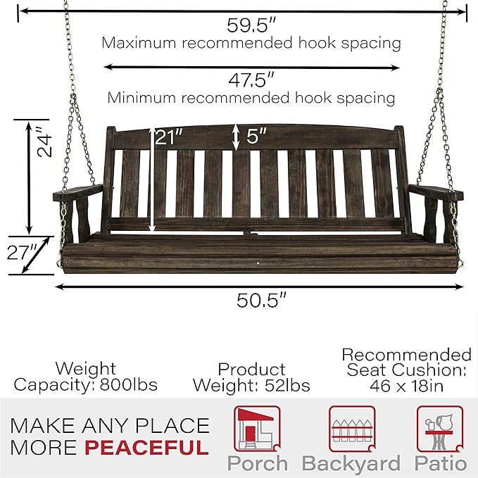Amish Casual Heavy Duty 800 Lb Mission Treated Porch Swing with Hanging Chains (4 Foot, Semi-Solid Black Stain)