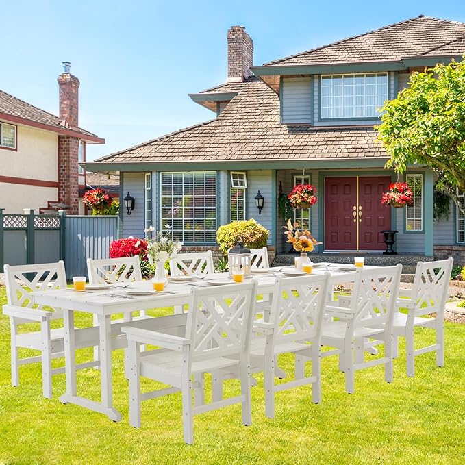 HDPE Dining Table Set for 8,10-Piece Outdoor Table and Chairs Include 8 Dining Chairs and 2 Pcs 62.5" Patio Dining Table with Umbrella Hole (White)