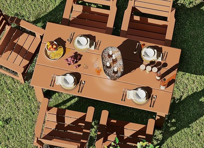 GREENVINES 7-Piece Outdoor Dining Set | HDPE | Patio Table and Chairs Sets for 6 | Patio Furniture | All Weather | Umbrella Hole | Teak | for Backyard Poolside Garden