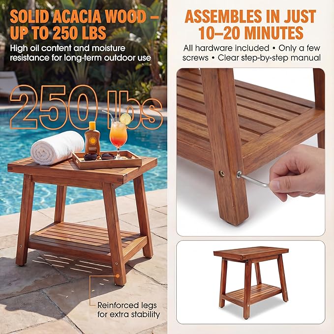 ENKEZI Small Acacia 16 Inches Outdoor Side Table, 2-Tier Sturdy Patio, End Table Weather Resistant, Strong Stability Side Table for Patio, Pool, Porch, Teak Finish (Small)