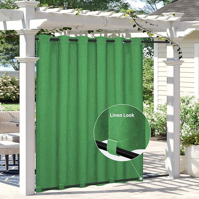 Easy-Going Linen Look Outdoor Curtains Waterproof Windproof Porch Curtains, Soft Thicken Outdoor Privacy Curtains for Patio, Gazebo, Grommet Top and Tab Bottom Drape, 1 Panel, 110x84 inch, Green
