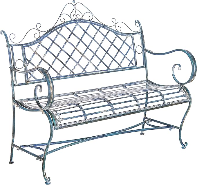 Safavieh PAT5017C Outdoor Collection Abner Antique Blue Wrought Iron 46-inch Garden Bench