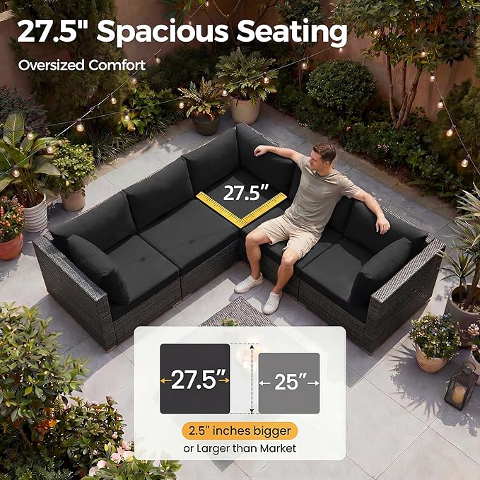 NICESOUL 7 Piece Outdoor Furniture Set with Fire Pit Table Natural Gas & Propane Convertible, 29.3'' High Back Extra Large Rattan Patio Modular Sectional Conversations, 2 Color Cushion Black & Gray