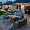 Belord 6-Piece Outdoor Sectional Furniture Set with 41” Fire Pit Table, 5-Seater Patio Furniture Set with Swivel Glider Chairs & Storage Box, 50000 BTU Propane Fire Pit Table, All-Weather PE Wicker