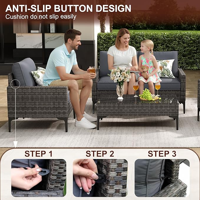 4-Piece Patio Furniture Set,Outdoor Wicker Patio Conversation Set with Tempered Glass Table,All-Weather Rattan Sectional Loveseat&Chairs with Thick Cushions for Garden,Deck,Backyard-Grey