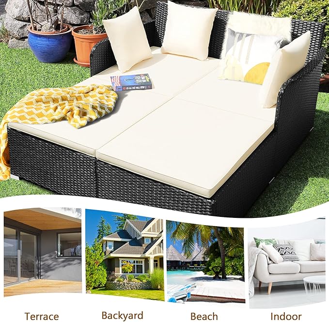 HAPPYGRILL Outdoor Daybed Rattan Wicker Patio Daybed with Padded Cushions Pillows and Sturdy Aluminum Foot, Patio Sofa Furniture Set for Garden Porch Poolside