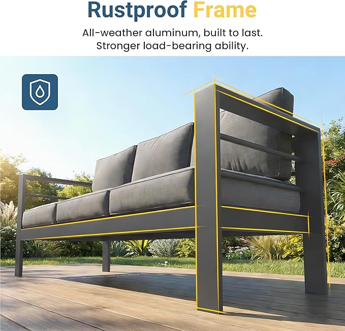 Wisteria Lane Aluminum Patio Furniture Set for All Weather, Oversized Metal Outdoor Furniture Set with 27.5" Deep Seat and 10" Back Cushion, Patio Conversation Sets with Wide armrest, Dark Grey