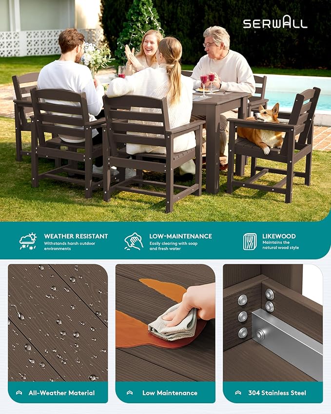 SERWALL Outdoor Dining Sets for 6, HDPE Dining Sets with 1 Umbrella Hole Cut-Out Rectangular Table and 4 Armless Chairs and 2 Armchairs, Patio Dining Sets, Coffee