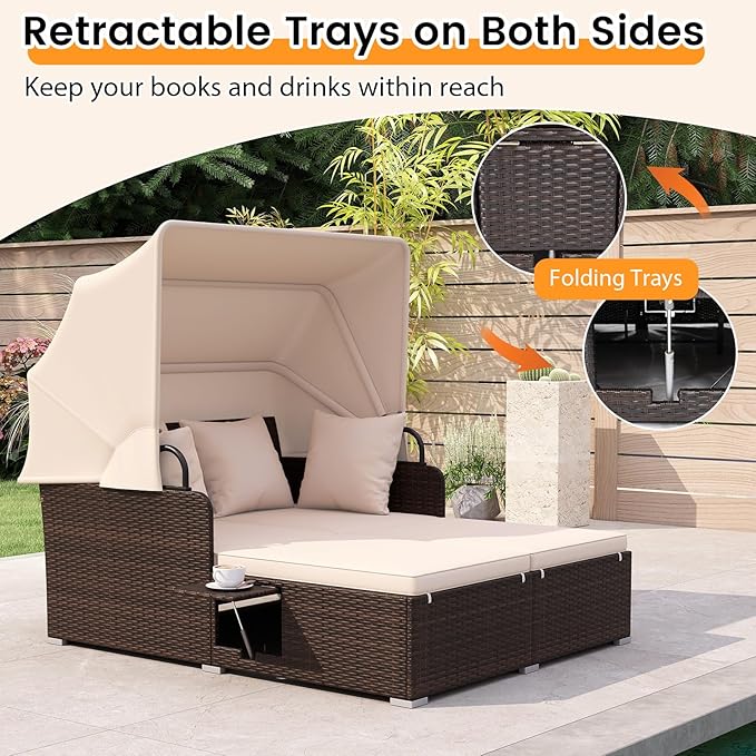RELAX4LIFE Patio Outdoor Daybed with Canopy, Wicker Rattan Sunbed w/Cushions, 4 Pillows & 2 Retractable Side Trays, 2-Person Lounge Bed Conversation for Poolside Porch Garden (Mix Brown-Beige)