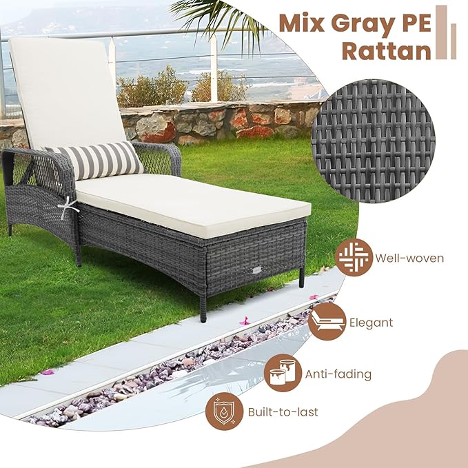 Tangkula Wicker Chaise Lounge Outdoor Set of 2, Patio Rattan Reclining Chaise with 6-Gear Adjustable Backrest, Thick Padded Cushion & Removable Lumbar Pillow, Pool Lounge Chairs for Outside Balcony