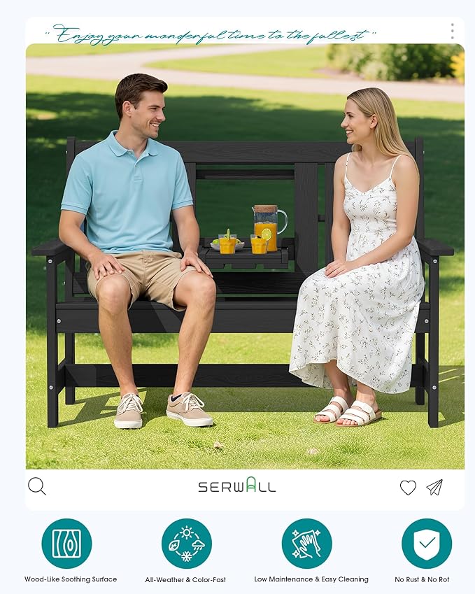 SERWALL Outdoor Bench with Cup Holder, 58" HDPE Garden Park Bench Suitable for 3 Person, All Weather Patio Benches with High Backrest and Wide Armrests for Garden, Park, Yard, Front Porch, Black