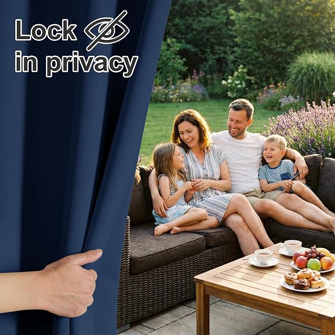 RYB HOME Extra Wide Outdoor Curtains for Patio Waterproof Heavy Duty Thermal Insulated in Summer Full Coverage Privacy for Porch, Cabana & Pergola, W100 x L95, Navy Blue, 1 Panel