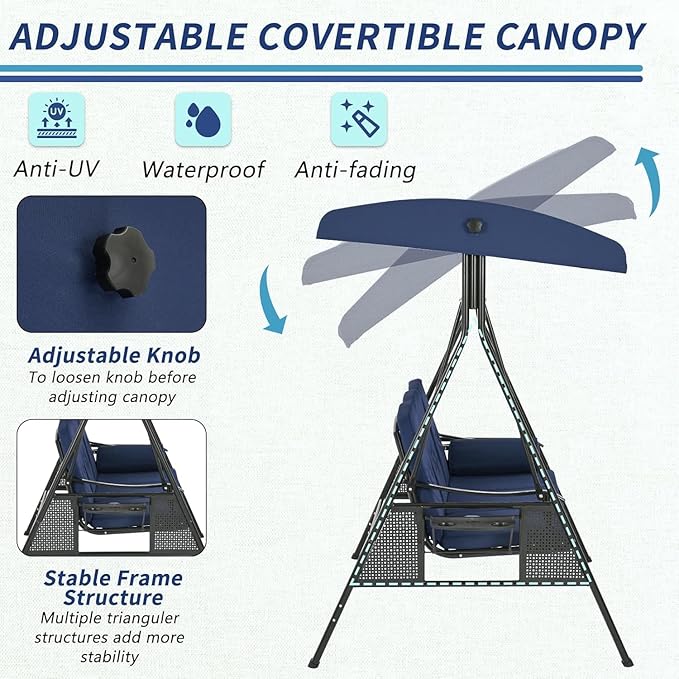 AECOJOY Outdoor Porch Swing, 3-Seat Porch Swing with Adjustable Canopy, Outdoor Swings for Adult with Dark Blue Removable Cushions for Backyard, Garden, Yard, Poolside, Balcony