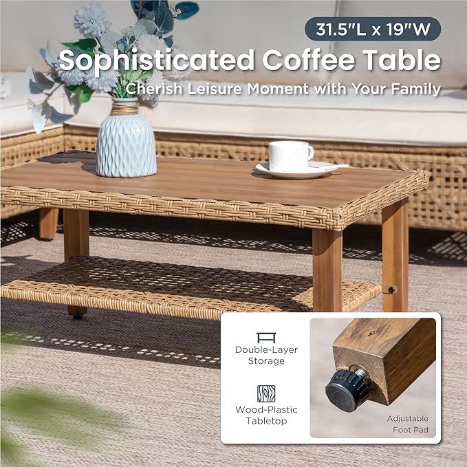 PHI VILLA Wicker Patio Furniture Set, Outdoor Sectional Couch with Cushions and Acacia Wood Coffee Table, U-Shaped Patio Conversation Set for Deck or Porch, 6 Seats, Beige