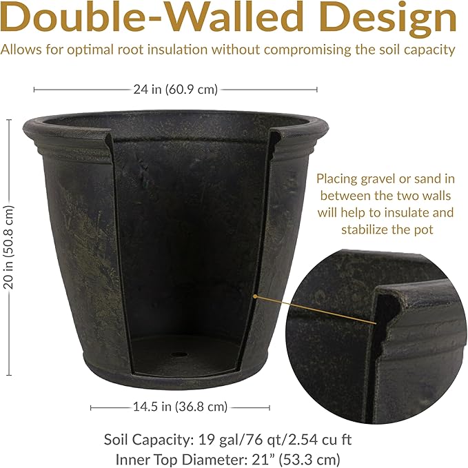 Sunnydaze 24-Inch Anjelica Large Plastic Pot for Plants - Outdoor Double-Walled Large Plastic Planter with Drillable Drainage Holes - Sable - 4pk