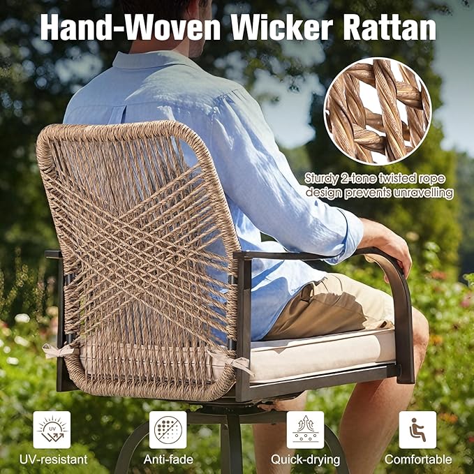 Outdoor Bar Stools Set of 6, 360° Swivel Metal Frame, Wicker Patio Bar Height Stools with Cushion, All-Weather Rattan Chair Design for Patio Backyard, Lawn Garden, Balcony, Poolside