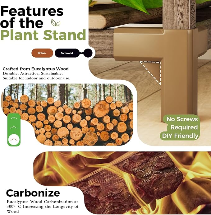 Bamworld Corner Plant Stand Indoor Outdoor Plant Shelf Small Plant Table for Multiple Plants Wooden Plant Holder for Garden Patio Lawn Window Plants Gift,Brown