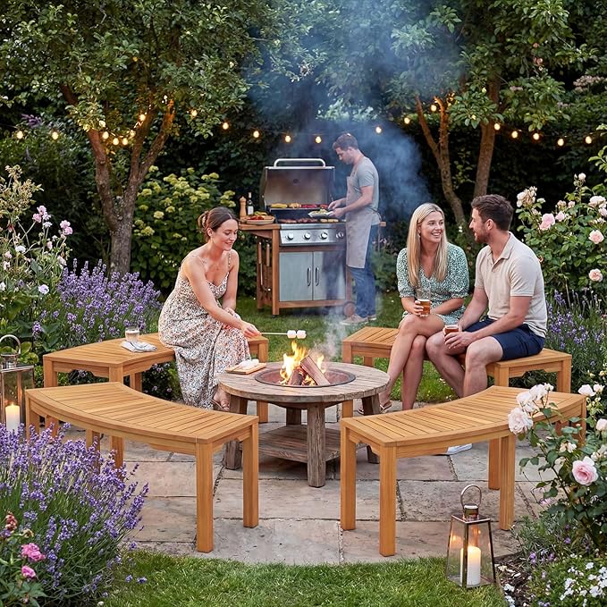 Tangkula Outdoor Curved Bench, Acacia Wood Fire Pit Bench w/Slatted Seat, Patio Backless 2-Person Seating for Porch, Yard, Garden, 800 LBS Max Load, Oil Painted (7, 45")