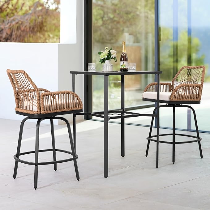 NUU GARDEN 3-Piece Patio Bar Set, All Weather Rattan Swivel Stools 360 Degree Swivel, Outdoor High Top Table and Chairs for Backyard, Balcony, Garden and Poolside, Black and Beige