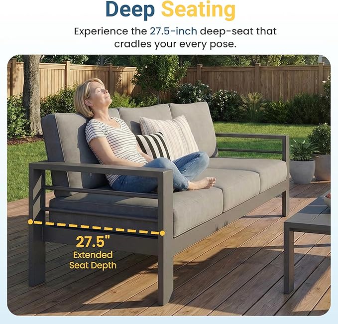 Wisteria Lane Aluminum Patio Furniture Set for All Weather, Oversized Metal Outdoor Furniture Set with 27.5" Deep Seat and 10" Back Cushion, Patio Conversation Sets with Wide armrest, Dark Grey