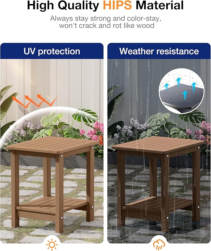 YEFU Outdoor Side Table for Patio: 16" HIPS Weather - Resistant Adirondack Tables Set of 2 - Small Square End Tables for Backyard Pool Porch Balcony - Indoor Outdoor Double Layer Table Teak