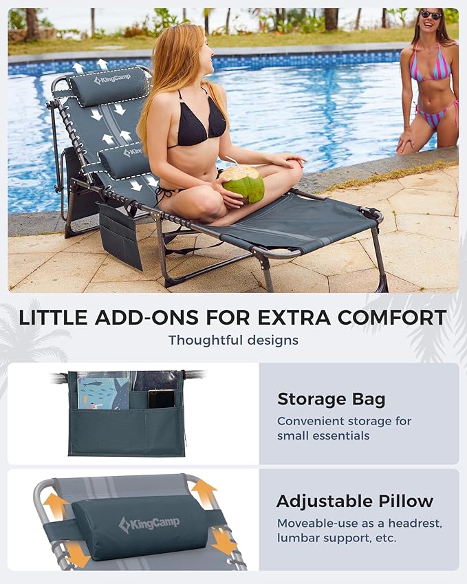 KingCamp 2 Pack Tanning Chair with Face Hole, Lounge Chairs Outdoor Folding Comfy Adjustable 5-Position Chaise Chaser with Canopy Shade for Outside Beach Patio, Blue/Grey