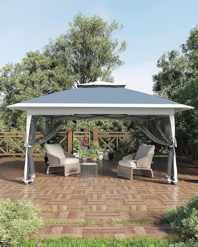 Canopy Tent 13x13 ft, Pop Up Gazebo One-Push Setup with 4 SandBags for Backyard Parties and BBQs, Mosquito Netting & Height Adjustable - Navy Blue
