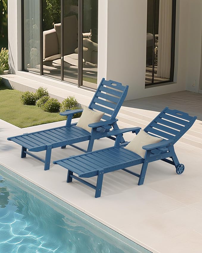 Carauci Lounge Chair Outdoor Set of 2, HDPE Chaise Lounge with Wheels, 5-Position Adjustable Backrest & 2 Cup Holders Patio Lounge Chair, All-Weather Pool Sun Lounger for Poolside, Backyard, Blue