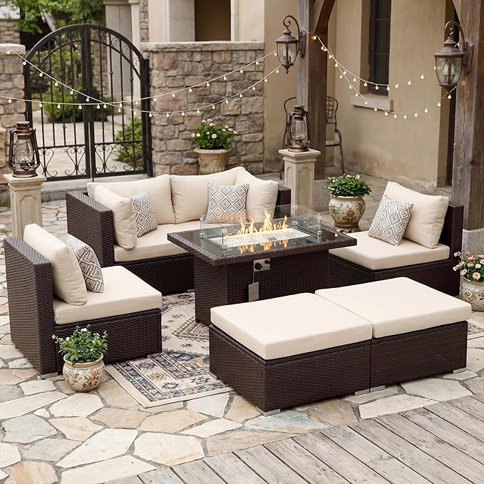 NICESOUL 7 Piece Outdoor Patio Sectional Furniture Set with Fire Pit Natural Gas/Propane, Large Size Comfortable Conversation Sets, 29.3'' High Back Deep Seat Sofa, Brown Rattan and Beige Cushion