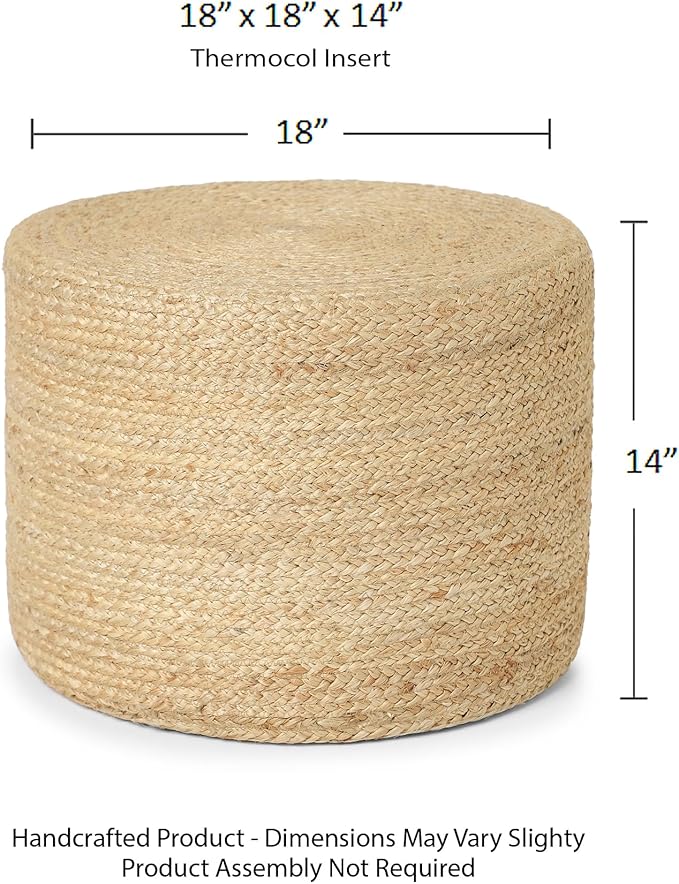 REDEARTH · Cylindrical Pouf Foot Stool Ottoman - Jute Braided Pouffe Poof Accent Sitting Footrest for Living Room, Bedroom, Nursery, Patio, Lounge & Other Rooms (Natural, 18"X18"X14")