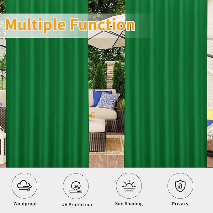 Easy-Going Outdoor Patio Curtains Detachable Tab Top Windproof Weatherproof Curtain for Cabana, Porch, Pergola and Gazebo, Tab Bottom Drape, 2 Panels, 54W x 120L inch, Green